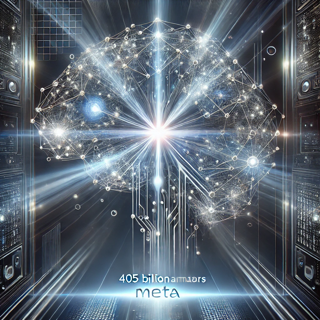 Représentation visuelle de Llama 3.1, un modèle d'IA avancé développé par Meta, avec un réseau neuronal digital éclatant. Repris de la formation IA à Bruxelles et Paris.