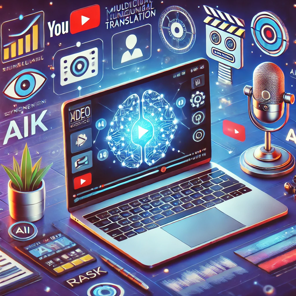Illustration d'une agence digitale avec un ordinateur affichant une interface de création vidéo, entouré d'icônes de traduction multilingue et d'éléments d'intelligence artificielle. Repris de la formation IA à Bruxelles et Paris.