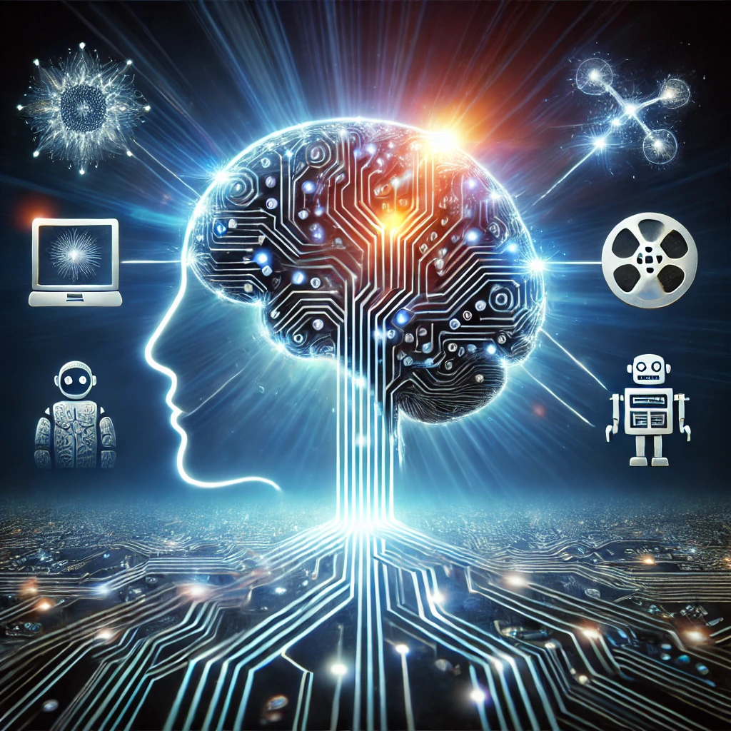 Glowing human brain intertwined with digital circuits connecting to symbols of technology, robotics, and media.
