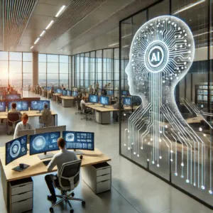 Image réaliste d'un bureau moderne avec un hologramme de cerveau d'IA reliant des écrans numériques et des employés interagissant avec des outils alimentés par l'intelligence artificielle.