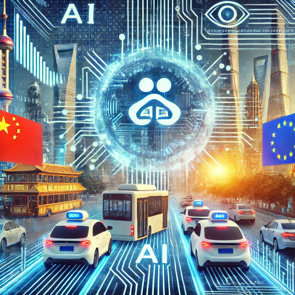 Futuristic cityscape with Baidu logo, AI symbols, autonomous vehicles, and binary code representing tech growth in Asia and Europe.