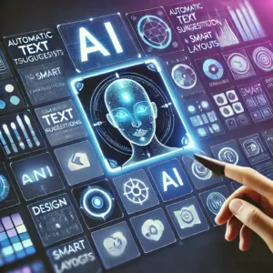 Plateforme de design futuriste optimisée par des outils d'IA, avec une interface élégante comportant des éléments d'IA lumineux comme des suggestions de texte et des mises en page intelligentes