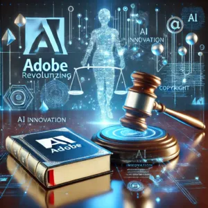 Représentation futuriste de l'influence d'Adobe sur le droit d'auteur à l'ère de l'IA, avec un marteau numérique, un livre ouvert, des flux de données lumineux et une balance holographique dans un tribunal numérique de haute technologie