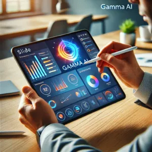 Une personne utilisant l'outil de création de diapositives de Gamma AI sur une tablette, travaillant sur une diapositive professionnelle vibrante avec des graphiques colorés.