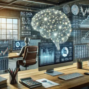 Un cerveau numérique connecté à des graphiques et tableaux financiers dans un bureau réaliste, mettant en avant les applications de l'IA en finance