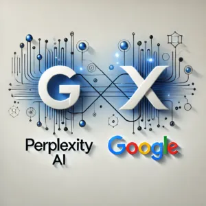 Une illustration présentant les logos de "Perplexity AI" et de "Google" côte à côte, connectés par des éléments numériques fluides sur un fond dégradé minimaliste allant du bleu au blanc, symbolisant l'interaction et la comparaison