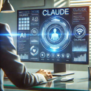 Assistant IA Claude manipulant des applications sur un ordinateur, avec le nom 'Claude' affiché en haut de l'écran, entouré d'une lueur bleue futuriste dans un bureau moderne.