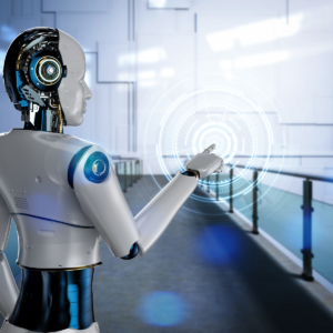 Robot humanoïde touchant un point lumineux dans le vide, simulant une interaction avec une interface holographique